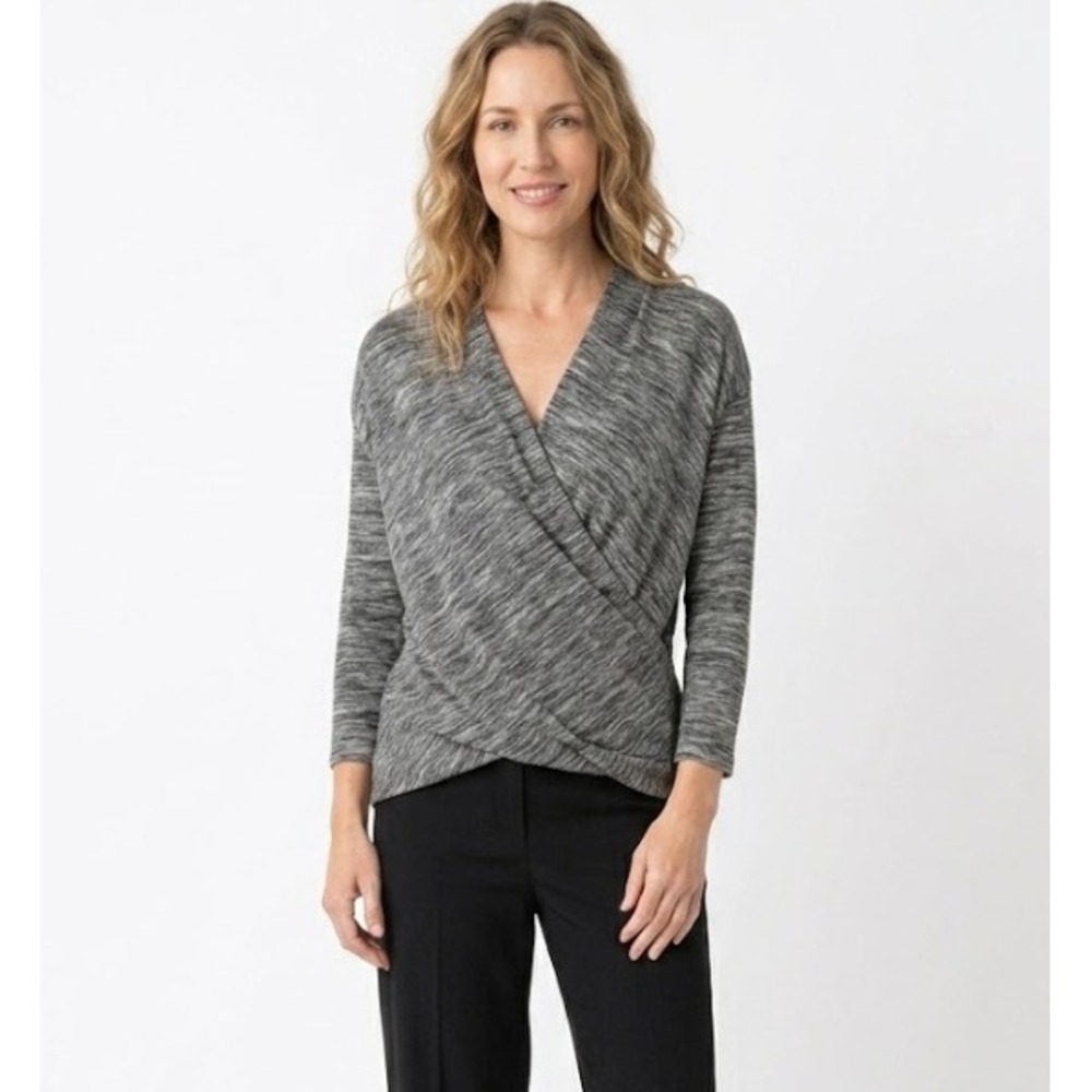 Karen Millen Size 12 UK‎ or 8 US Gray Wrap Stretch Knit 3/4 Sleeve Top Elegant